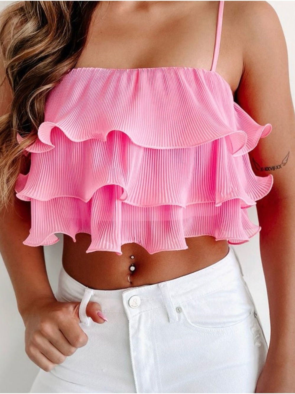 NanaMacs Pink Ruffled Pleated Spaghetti Strap Crop Top